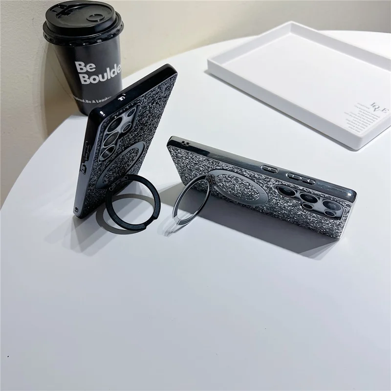 For Samsung Galaxy S25 Ultra Magnetic Case with Kickstand Glitter Electroplated TPU + PC Phone Cover - Black