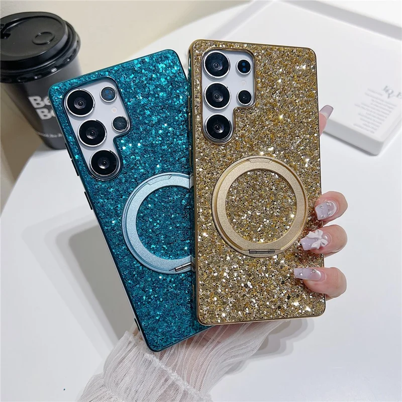 For Samsung Galaxy S25 Ultra Magnetic Case with Kickstand Glitter Electroplated TPU + PC Phone Cover - Black