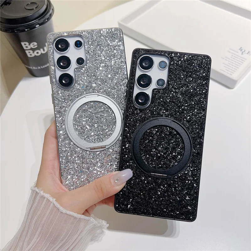 For Samsung Galaxy S25 Ultra Magnetic Case with Kickstand Glitter Electroplated TPU + PC Phone Cover - Black