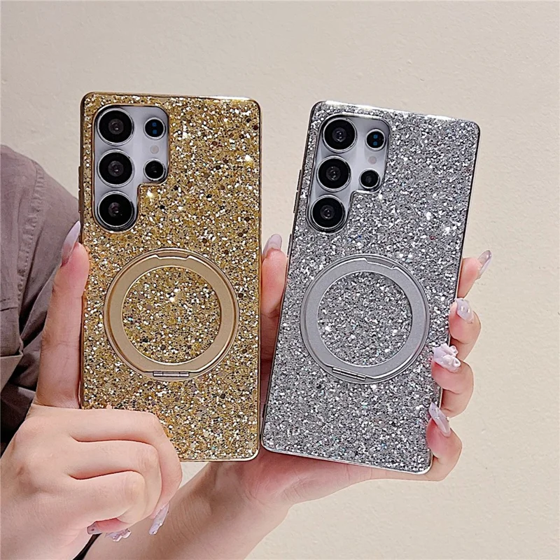 For Samsung Galaxy S25 Ultra Magnetic Case with Kickstand Glitter Electroplated TPU + PC Phone Cover - Black