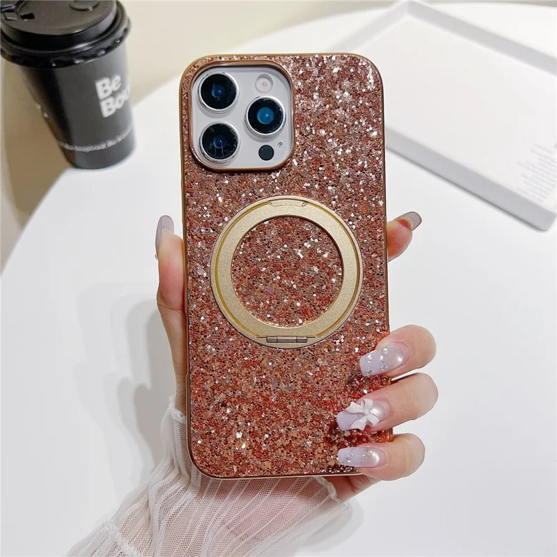 For iPhone 16 Pro Max Magnetic Case with Kickstand Glitter Electroplated TPU + PC Phone Cover - Rose Gold
