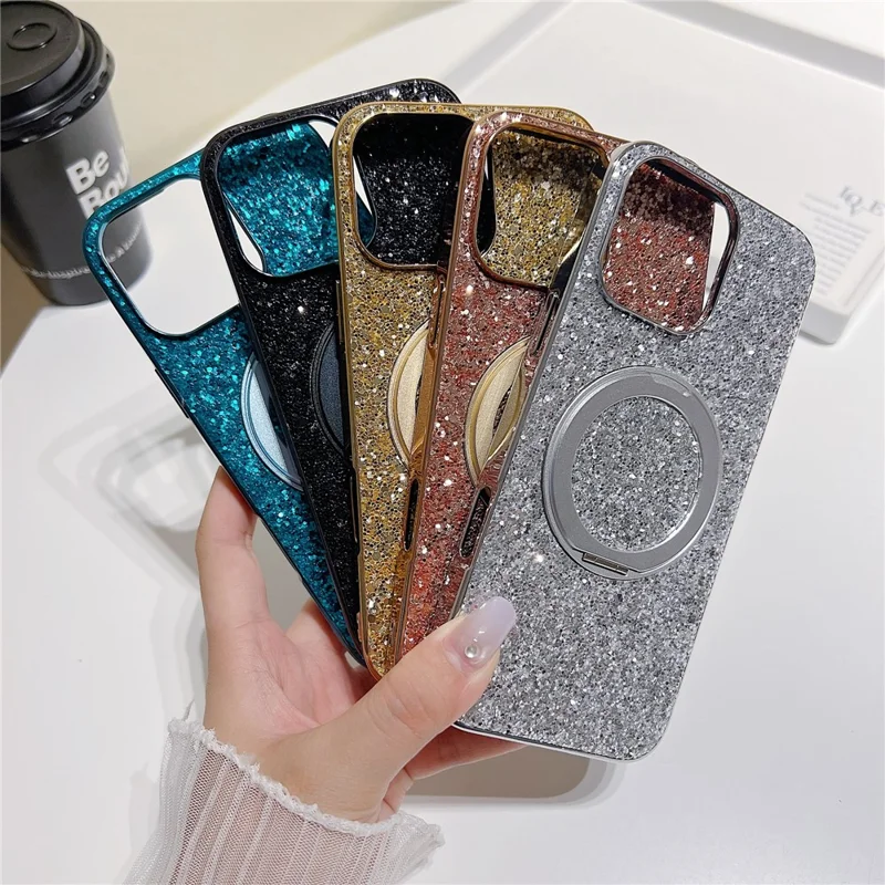 For iPhone 16 Pro Max Magnetic Case with Kickstand Glitter Electroplated TPU + PC Phone Cover - Rose Gold