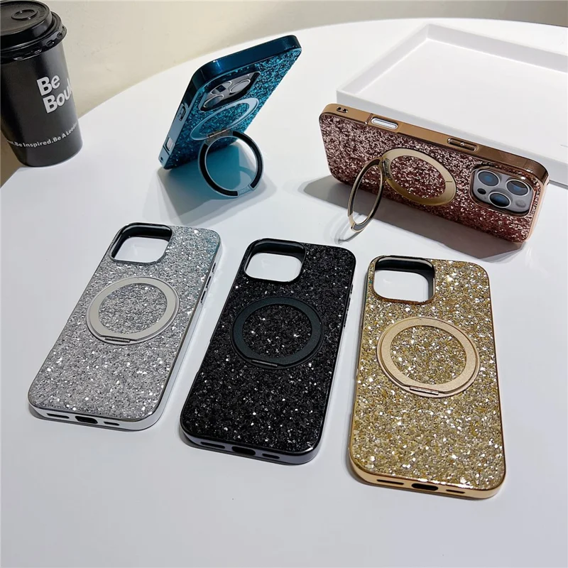For iPhone 16 Pro Max Magnetic Case with Kickstand Glitter Electroplated TPU + PC Phone Cover - Rose Gold