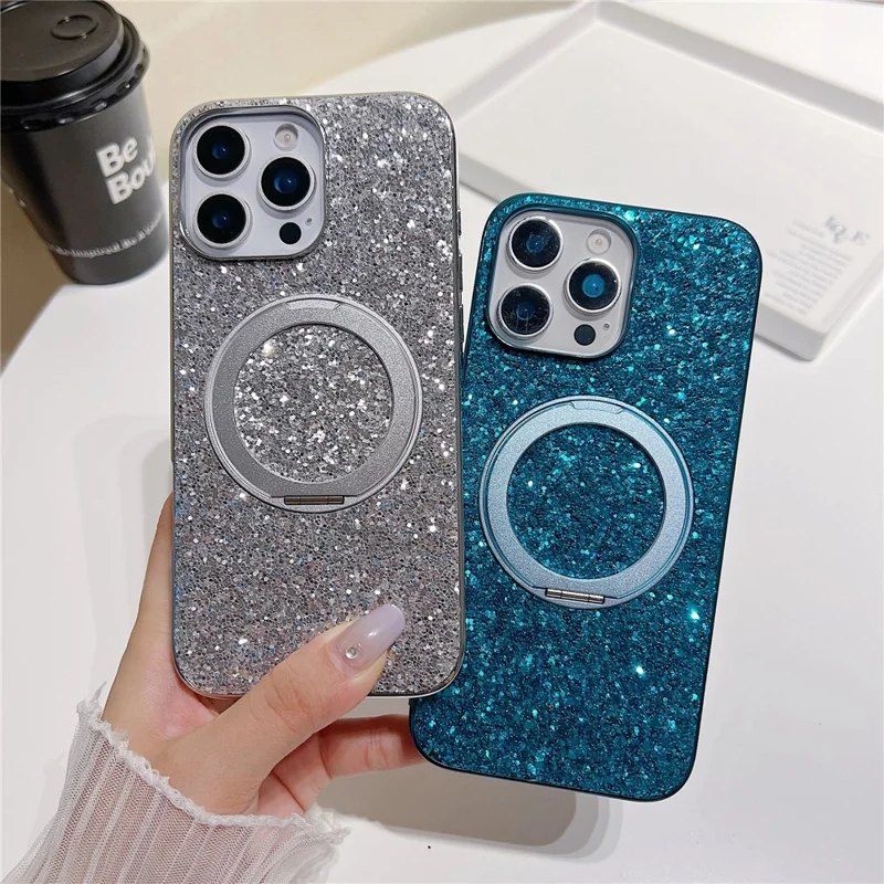 For iPhone 16 Pro Max Magnetic Case with Kickstand Glitter Electroplated TPU + PC Phone Cover - Rose Gold