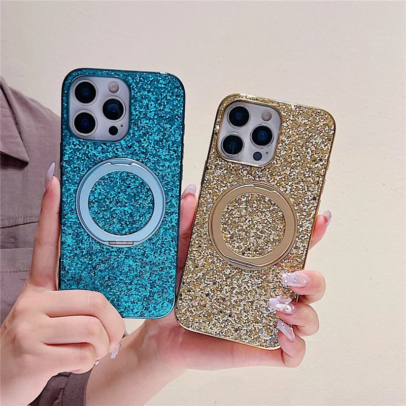 For iPhone 16 Pro Max Magnetic Case with Kickstand Glitter Electroplated TPU + PC Phone Cover - Rose Gold