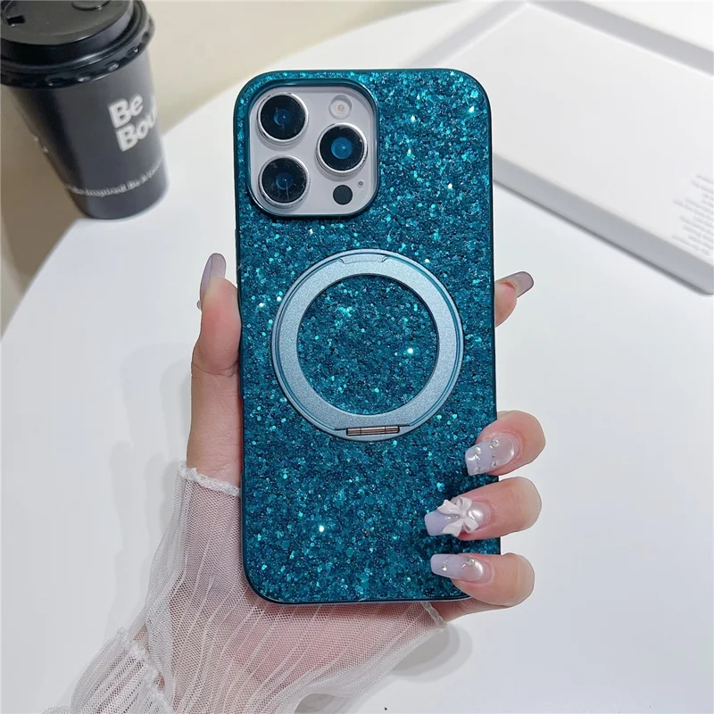 For iPhone 16 Pro Magnetic Case with Kickstand Glitter Electroplated TPU + PC Phone Cover - Blue