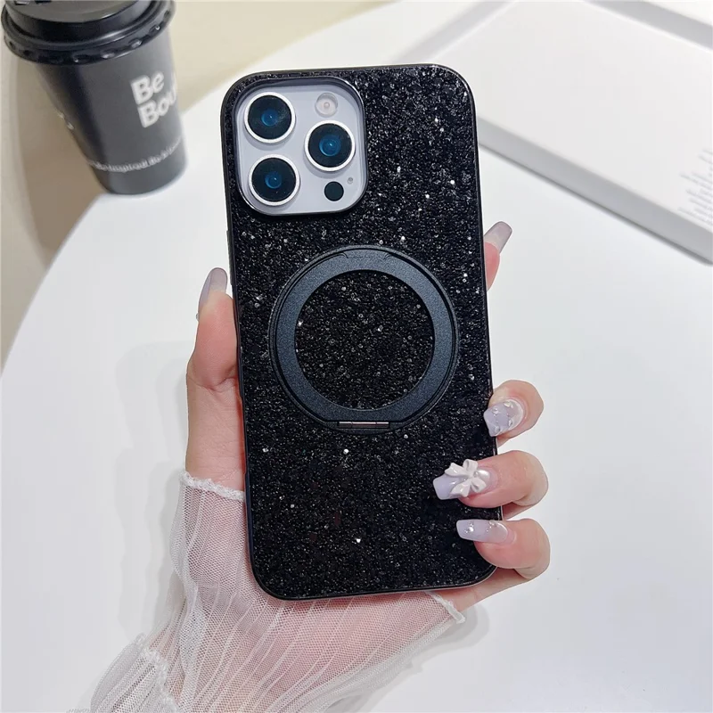For iPhone 16 Pro Magnetic Case with Kickstand Glitter Electroplated TPU + PC Phone Cover - Black