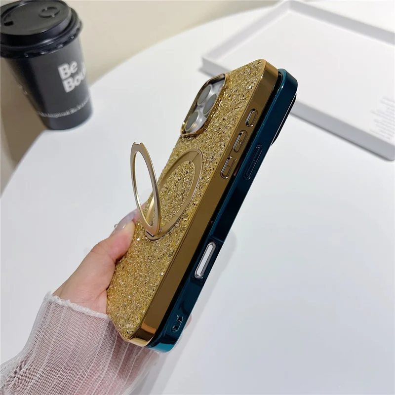 For iPhone 16 Pro Magnetic Case with Kickstand Glitter Electroplated TPU + PC Phone Cover - Black