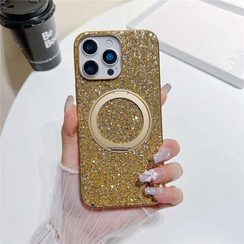 For iPhone 16 Pro Magnetic Case with Kickstand Glitter Electroplated TPU + PC Phone Cover - Gold