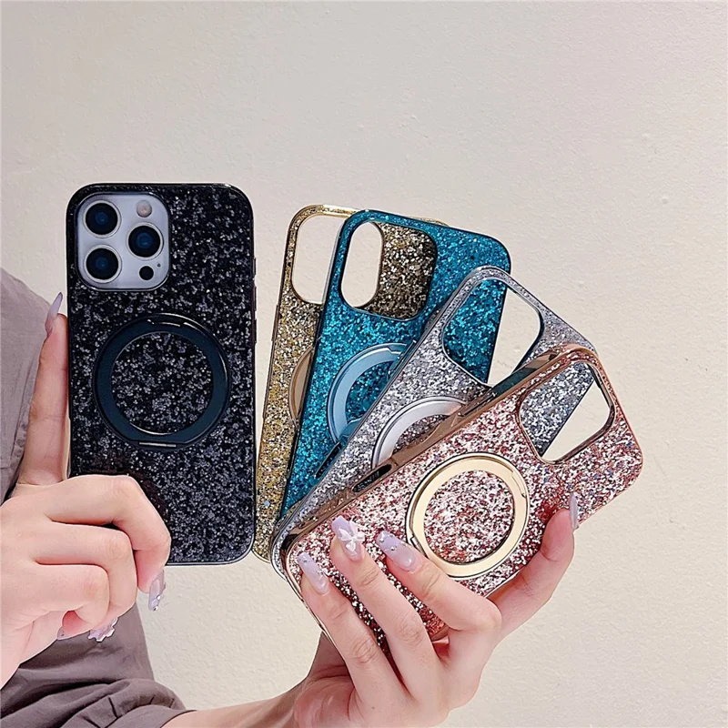 For iPhone 16 Pro Magnetic Case with Kickstand Glitter Electroplated TPU + PC Phone Cover - Gold