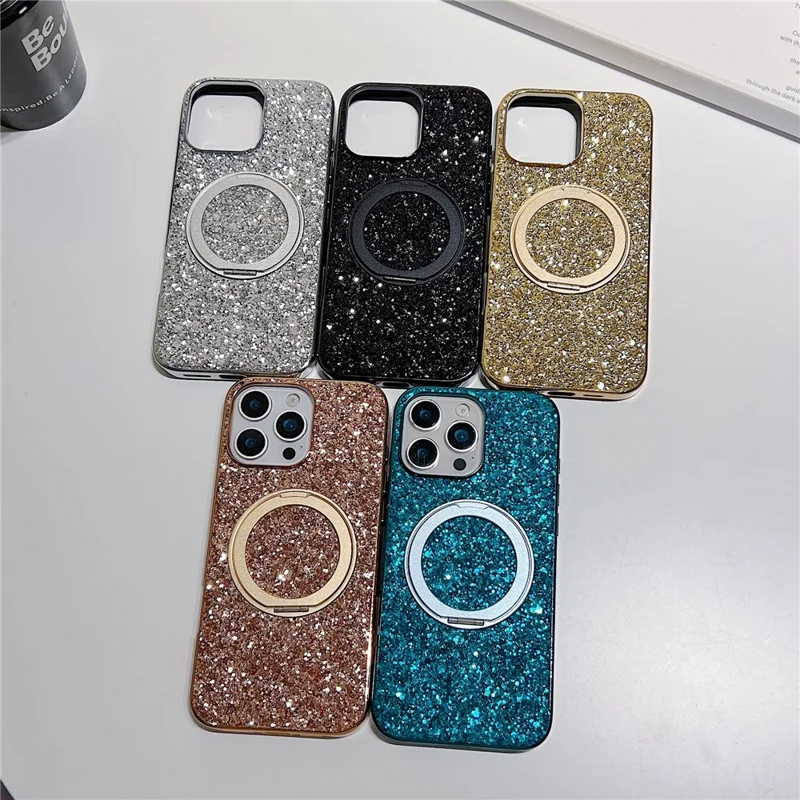 For iPhone 16 Pro Magnetic Case with Kickstand Glitter Electroplated TPU + PC Phone Cover - Gold