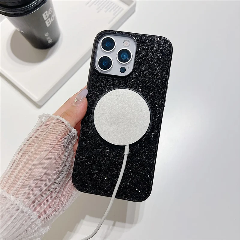 For iPhone 16 Pro Magnetic Case with Kickstand Glitter Electroplated TPU + PC Phone Cover - Gold