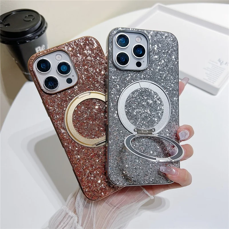 For iPhone 16 Pro Magnetic Case with Kickstand Glitter Electroplated TPU + PC Phone Cover - Gold
