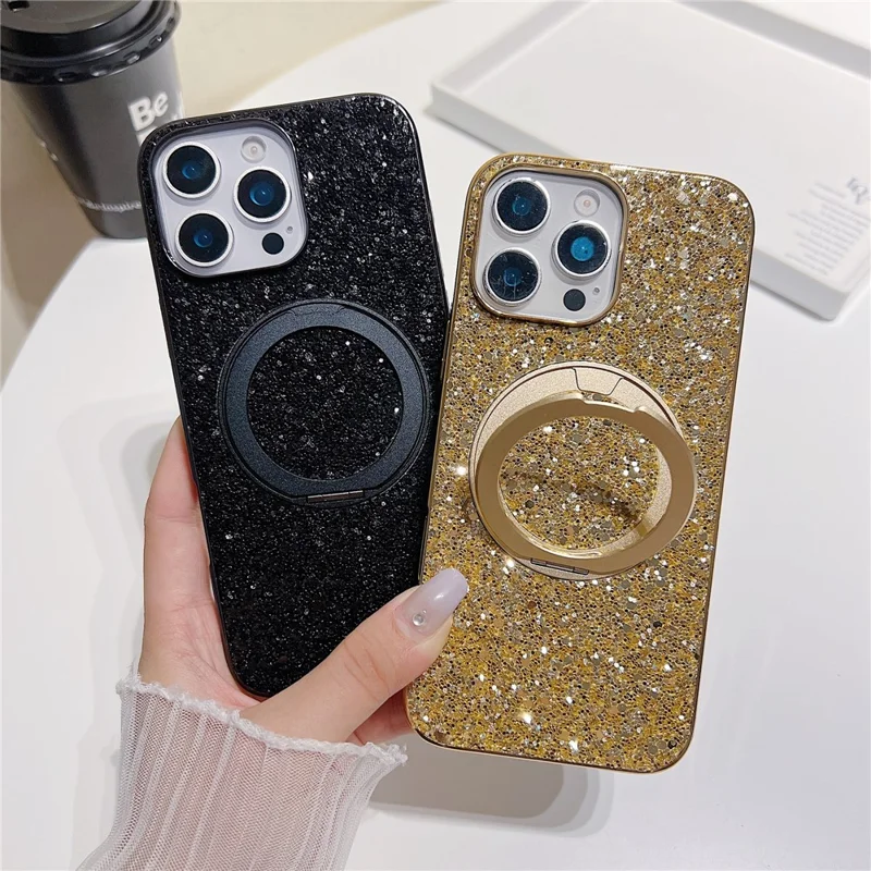 For iPhone 16 Pro Magnetic Case with Kickstand Glitter Electroplated TPU + PC Phone Cover - Gold