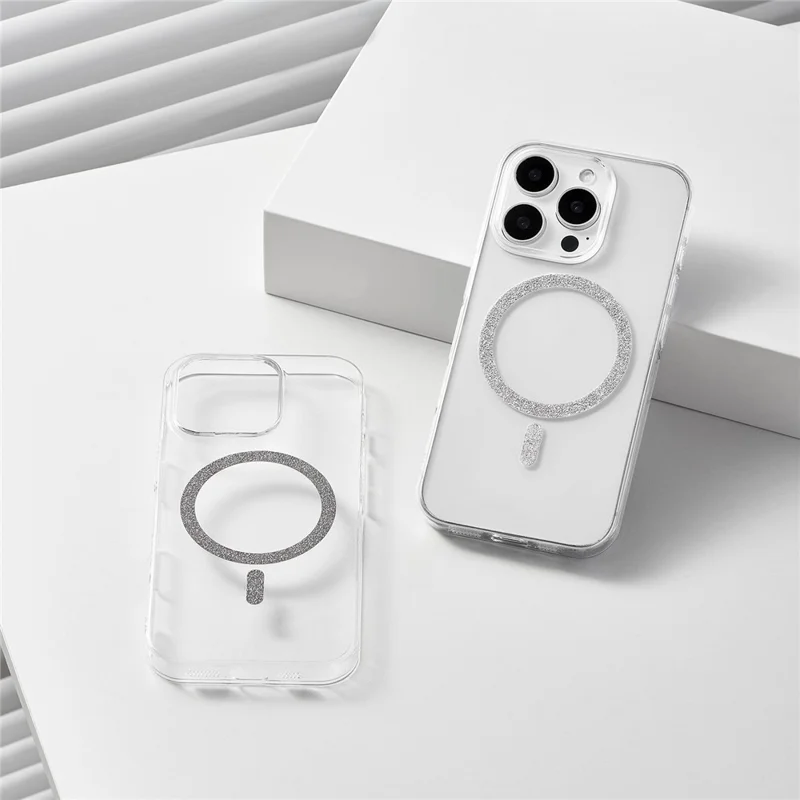 For iPhone 16 Pro Max Magnetic Case Glitter Ring 1.5mm Hard PC Clear Phone Cover - Silver