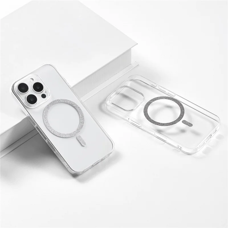 For iPhone 16 Pro Max Magnetic Case Glitter Ring 1.5mm Hard PC Clear Phone Cover - Silver