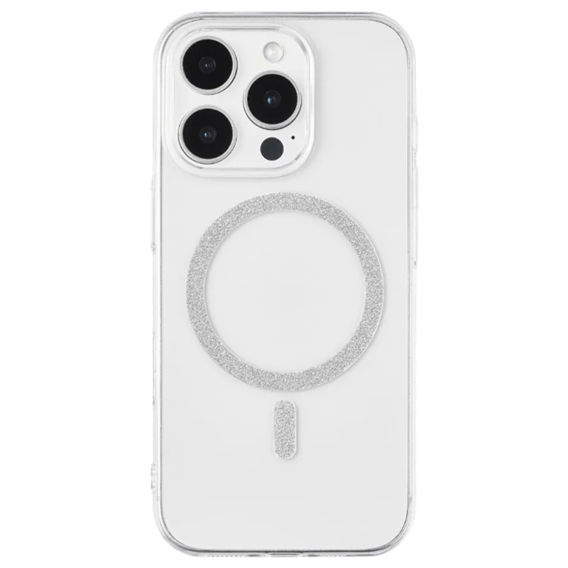 For iPhone 16 Pro Magnetic Case Glitter Ring 1.5mm Hard PC Clear Phone Cover - Silver