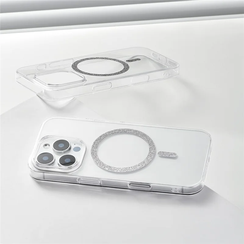 For iPhone 16 Pro Magnetic Case Glitter Ring 1.5mm Hard PC Clear Phone Cover - Silver