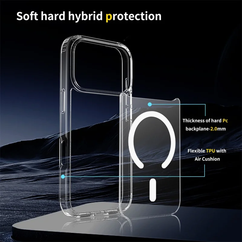 For iPhone 17 Pro Magnetic Case 2.0mm Scratch Resistant TPU + PC Clear Phone Cover