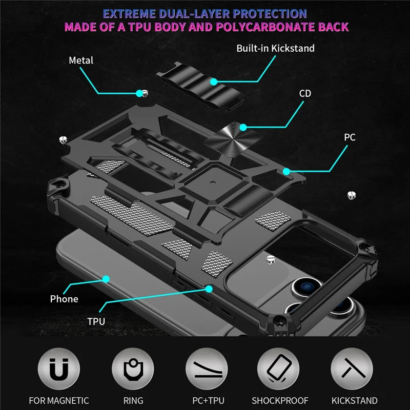 For iPhone 17 Pro Max Phone Case Kickstand Drop Protection PC + TPU Back Cover - Black