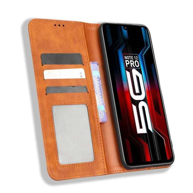 Für Infinix Note 12 5G X671 / Hinweis 12 Pro 5G X671b Retro Textur Brieftasche Hülle PU Leder Eingeprägter Musterstand Magnetic Absorption Phone Decke - Braun