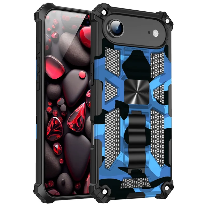 For iPhone 17 Air Case Kickstand PC + TPU Camouflage Military Grade Phone Cover - Camouflage Blue