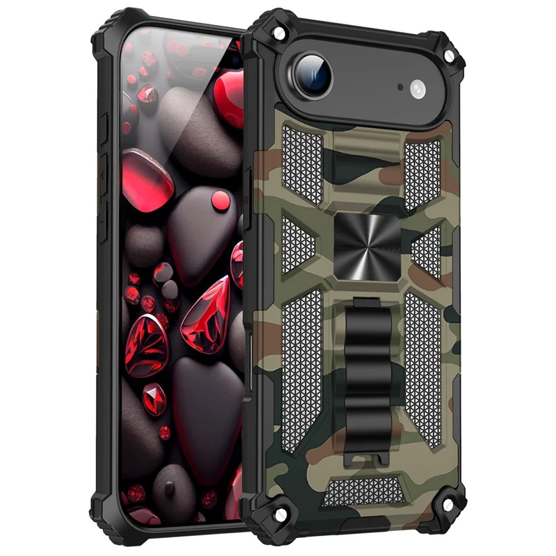 For iPhone Air Case Kickstand PC + TPU Camouflage Military Grade Phone Cover - Army Green