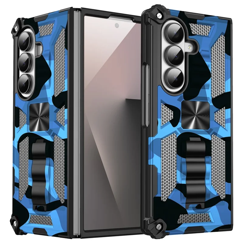 Étui pour Samsung Galaxy Z Fold6 5G avec Support de Protection en PC + TPU - Design Militaire Camouflage - Bleu Camouflage