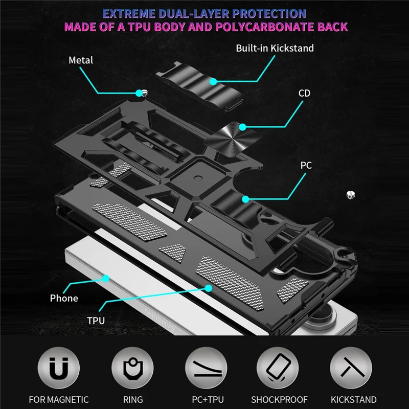 Coque de téléphone pour Samsung Galaxy Z Fold6 5G avec béquille Protection contre les chutes Coque arrière PC + TPU - Noir
