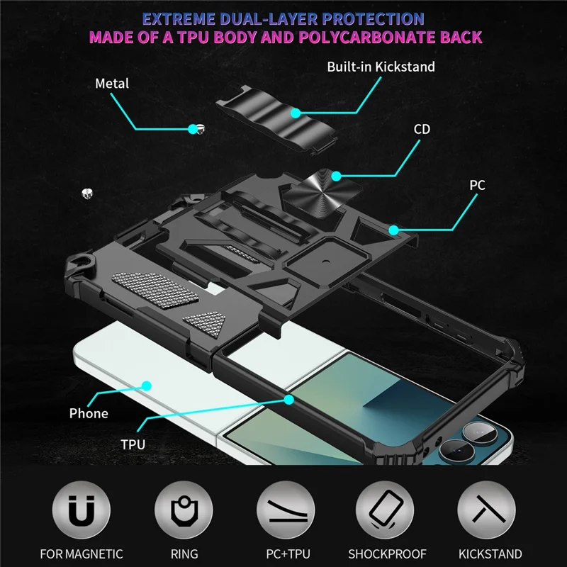 For Samsung Galaxy Z Flip7 5G Phone Case Kickstand Drop Protection PC + TPU Back Cover - Black