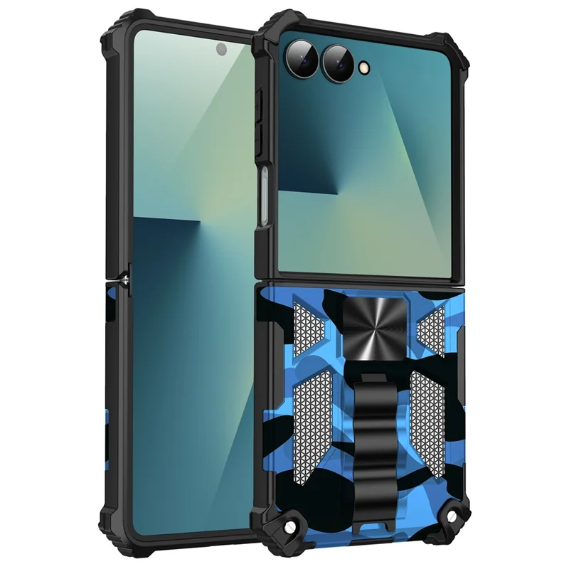 For Samsung Galaxy Z Flip7 5G Case Kickstand PC + TPU Camouflage Military Grade Phone Cover - Camouflage Blue