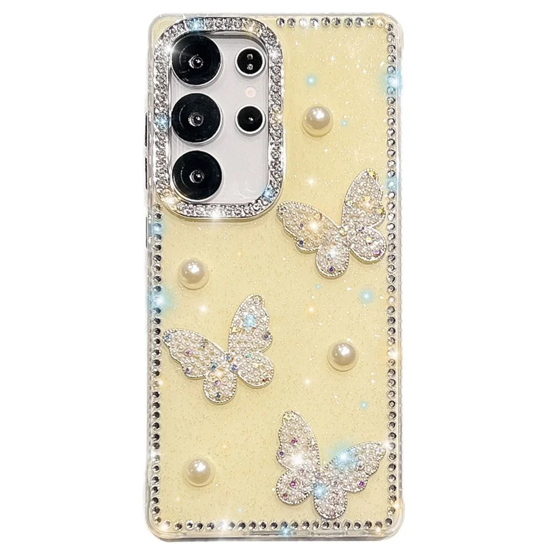 For Samsung Galaxy S24 Ultra Case Rhinestone Edge Pearl Butterfly Decor TPU + PC IMD Phone Cover - Glitter Light Yellow