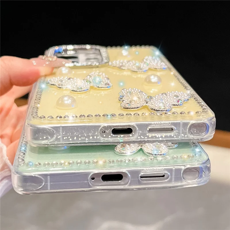 For Samsung Galaxy S24 Ultra Case Rhinestone Edge Pearl Butterfly Decor TPU + PC IMD Phone Cover - Glitter Light Yellow