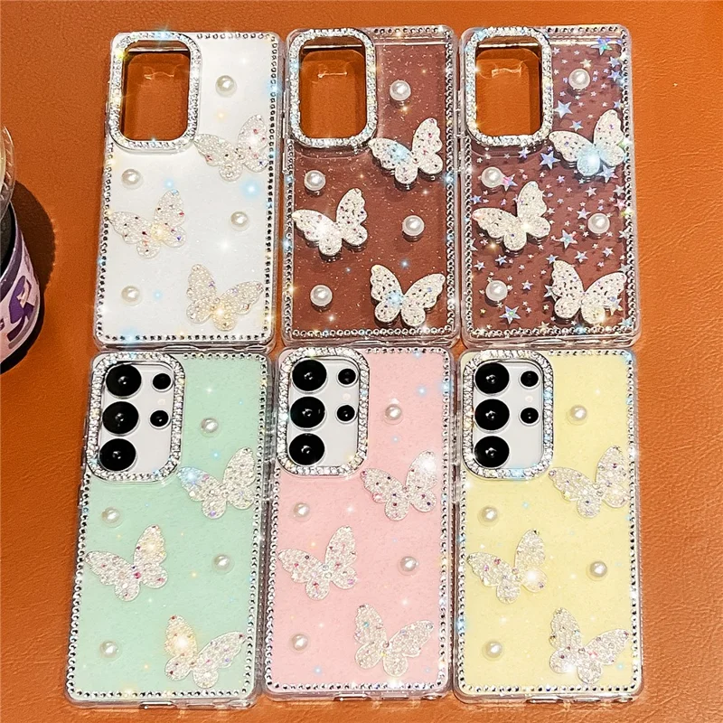 For Samsung Galaxy S24 Ultra Case Rhinestone Edge Pearl Butterfly Decor TPU + PC IMD Phone Cover - Glitter Light Yellow
