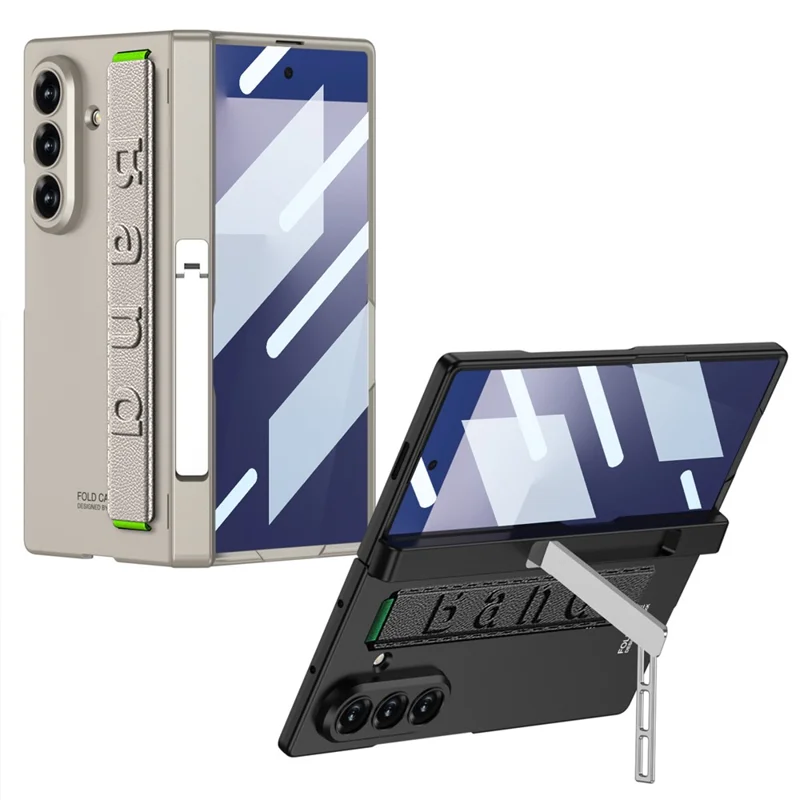 GKK For Samsung Galaxy Z Fold7 5G Case with Kickstand / Finger Strap PC Tempered Glass Phone Cover - Black