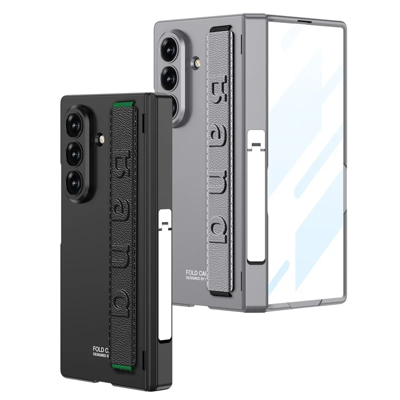 GKK For Samsung Galaxy Z Fold7 5G Case with Kickstand / Finger Strap PC Tempered Glass Phone Cover - Black
