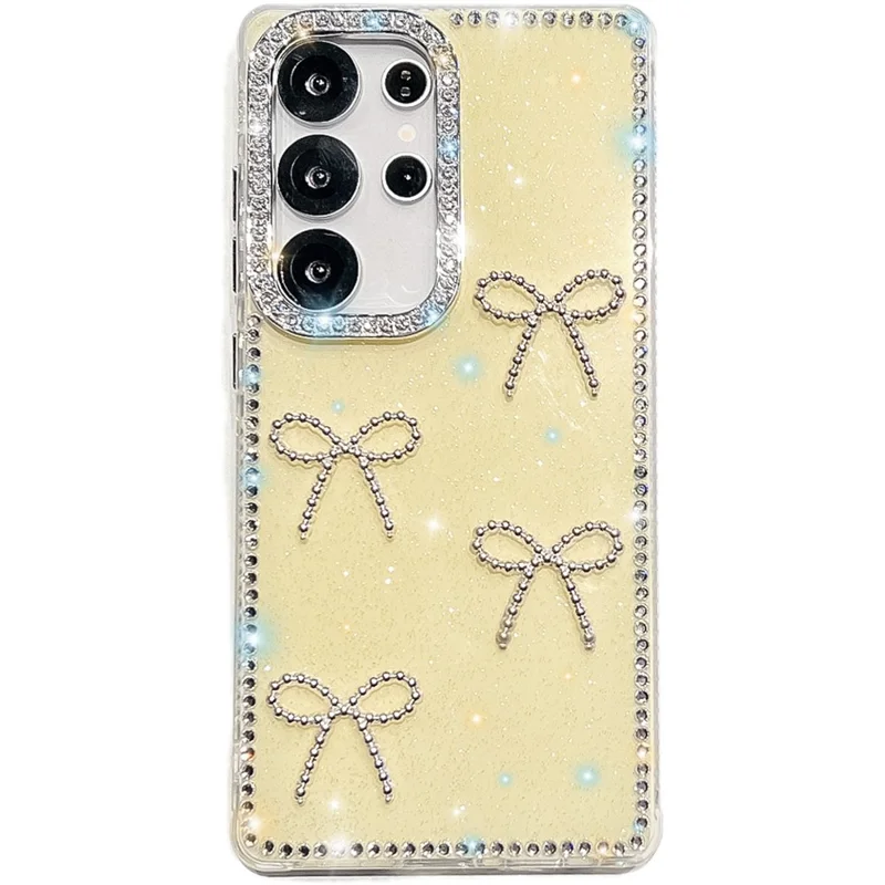 For Samsung Galaxy S25 Ultra Case Rhinestone Edge Butterfly Bow Decor TPU + PC IMD Phone Cover - Glitter Light Yellow