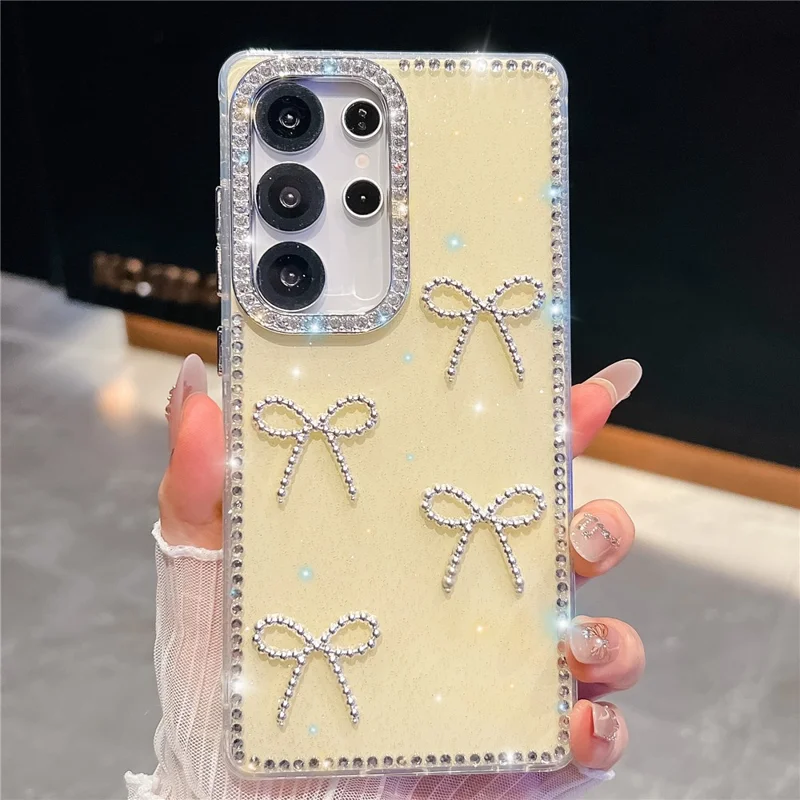 For Samsung Galaxy S25 Ultra Case Rhinestone Edge Butterfly Bow Decor TPU + PC IMD Phone Cover - Glitter Light Yellow