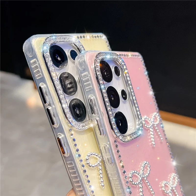 For Samsung Galaxy S25 Ultra Case Rhinestone Edge Butterfly Bow Decor TPU + PC IMD Phone Cover - Glitter Light Yellow