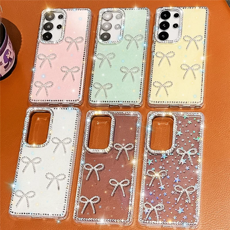 For Samsung Galaxy S25 Ultra Case Rhinestone Edge Butterfly Bow Decor TPU + PC IMD Phone Cover - Glitter Light Yellow