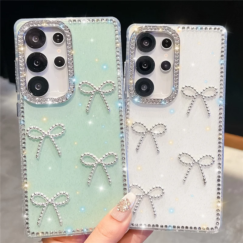 For Samsung Galaxy S24 Ultra Case Rhinestone Edge Butterfly Bow Decor TPU + PC IMD Phone Cover - Glitter Light Green