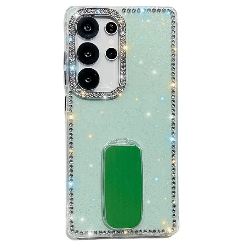 For Samsung Galaxy S24 Ultra Case with Straight Mirror Kickstand Rhinestone Edge TPU + PC IMD Phone Cover - Glitter Light Green