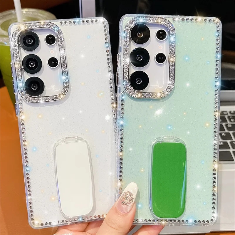 For Samsung Galaxy S24 Ultra Case with Straight Mirror Kickstand Rhinestone Edge TPU + PC IMD Phone Cover - Glitter Light Green