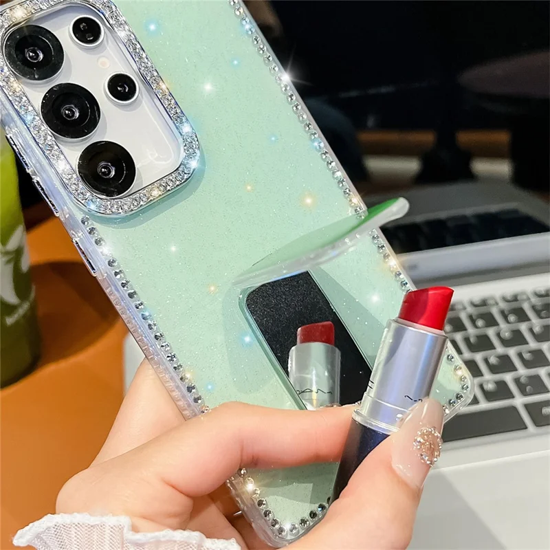 For Samsung Galaxy S24 Ultra Case with Straight Mirror Kickstand Rhinestone Edge TPU + PC IMD Phone Cover - Glitter Light Green