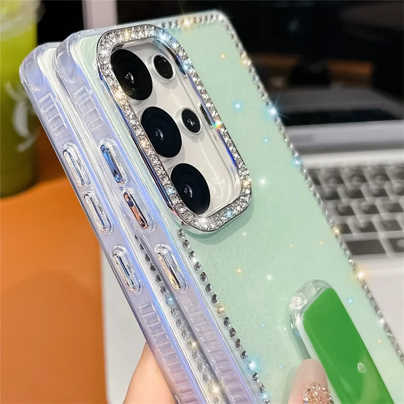 For Samsung Galaxy S24 Ultra Case with Straight Mirror Kickstand Rhinestone Edge TPU + PC IMD Phone Cover - Glitter Light Green