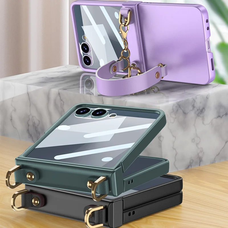 GKK For Samsung Galaxy Z Flip7 5G Case with Wrist Strap / Hinge Protection PC + Tempered Glass Slim Phone Cover - Purple
