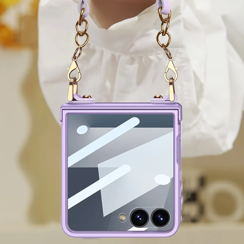 GKK For Samsung Galaxy Z Flip7 5G Case with Wrist Strap / Hinge Protection PC + Tempered Glass Slim Phone Cover - Purple