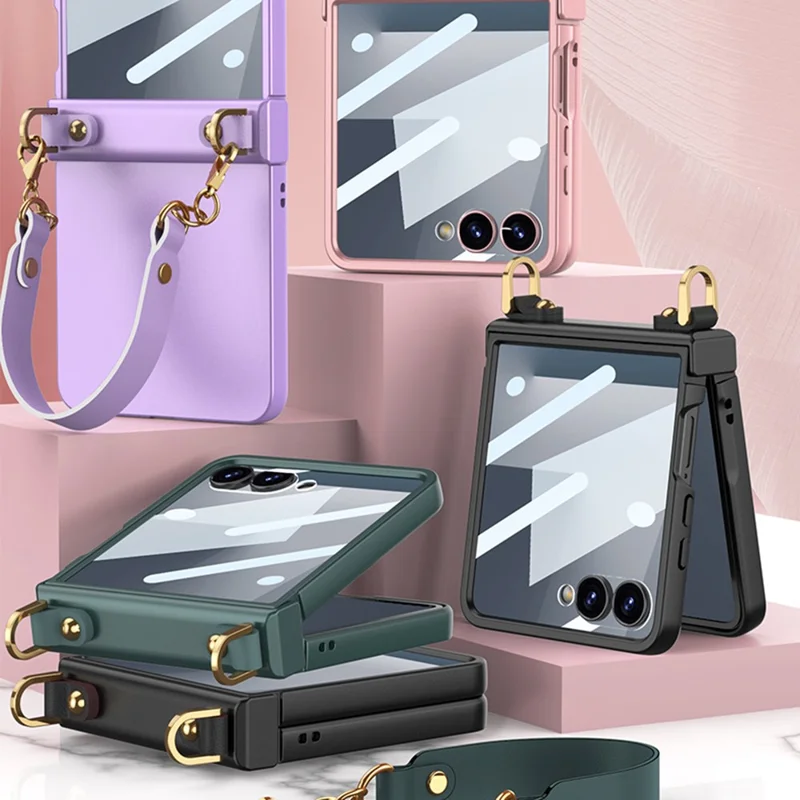 GKK For Samsung Galaxy Z Flip7 5G Case with Wrist Strap / Hinge Protection PC + Tempered Glass Slim Phone Cover - Purple