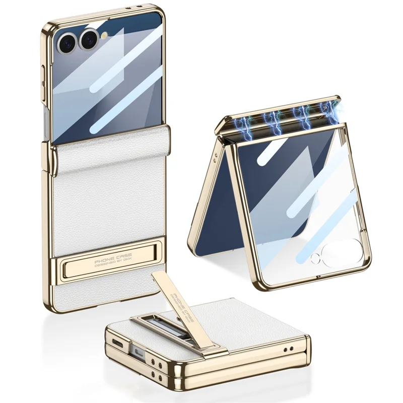 GKK For Samsung Galaxy Z Flip5 5G Kickstand Case Magnetic Hinge Protection PU + PC + Tempered Glass Phone Cover - White
