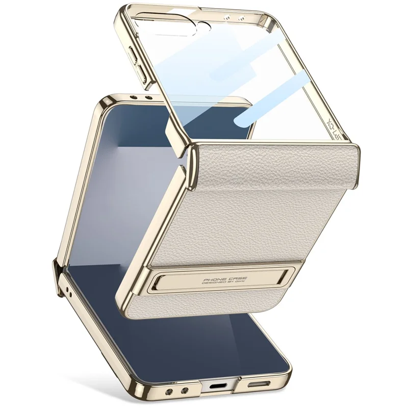 GKK For Samsung Galaxy Z Flip5 5G Kickstand Case Magnetic Hinge Protection PU + PC + Tempered Glass Phone Cover - White